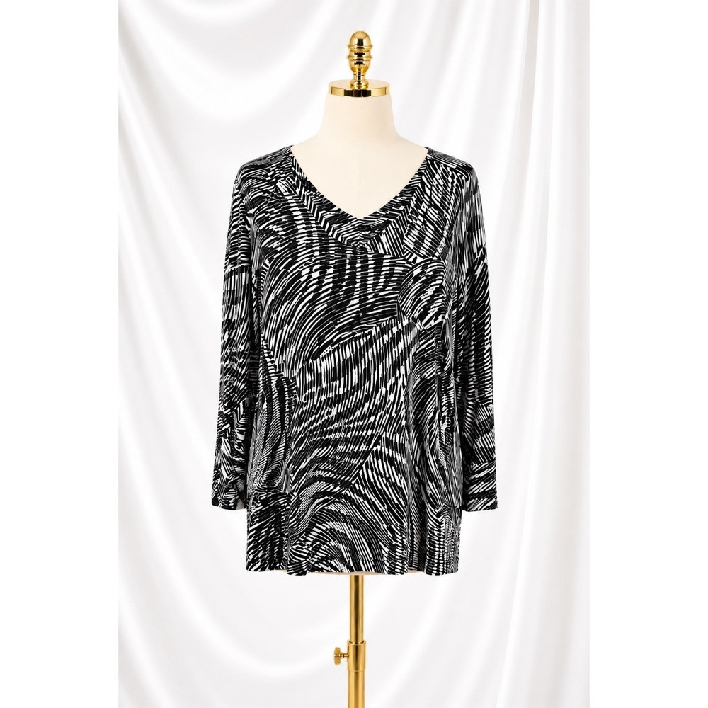 Chico's Travelers Popover Top Travel Knit Stretch Size 2 Large Black Tan Beige